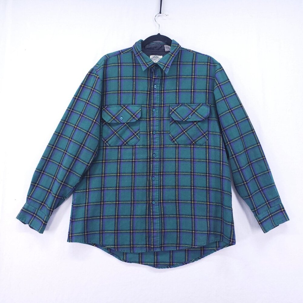 Vintage Fieldmaster Shirt Mens Large Green Plaid Flannel Made in Korea Button